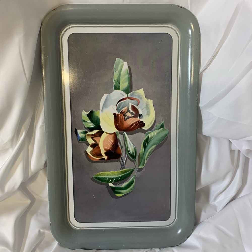 Art Deco circa 1930’s Decorative Magnolia Metal Serving Tray - Gray